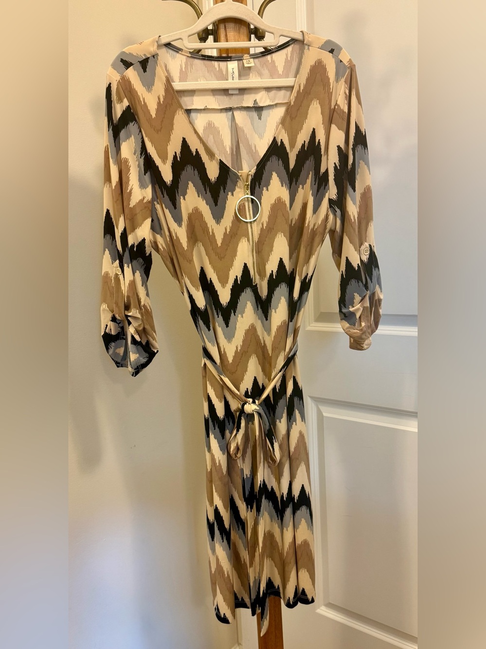 🍓Tacera Beige Multi Chevron Midi Wrap Dress with Ring Accent